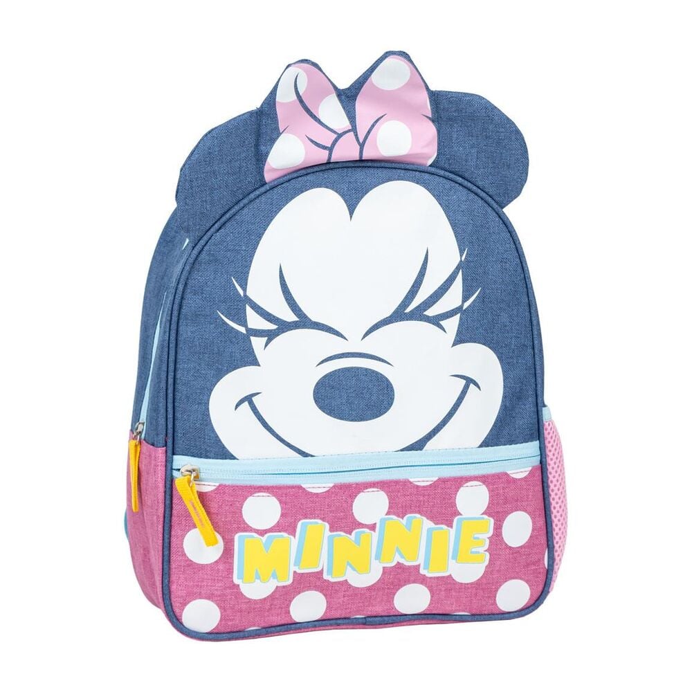 Mochila escolar Minnie Disney azul y rosa con lazo de lunares
