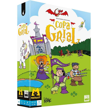 Caja del juego de mesa Copa Grial con caballeros y un dragón