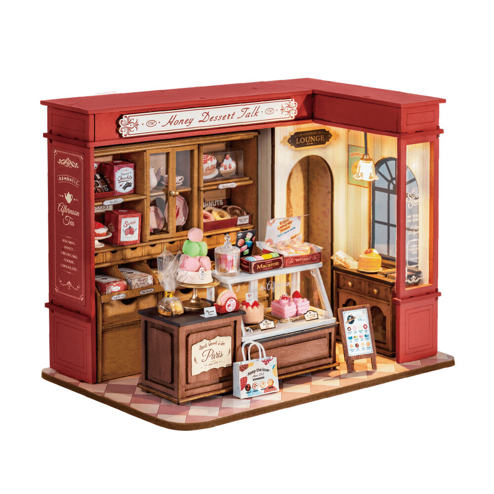 Maqueta en miniatura Honey Dessert Talk de una pastelería parisina con iluminación LED