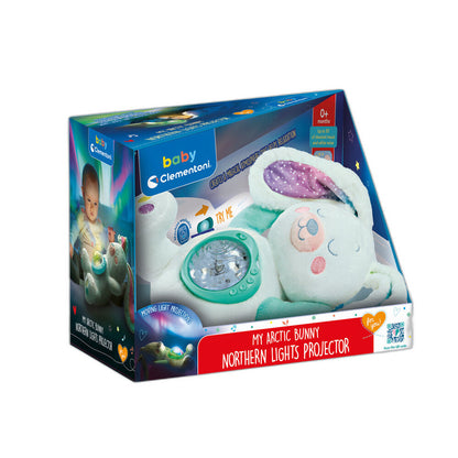 Peluche conejito polar Clementoni con proyector de aurora boreal