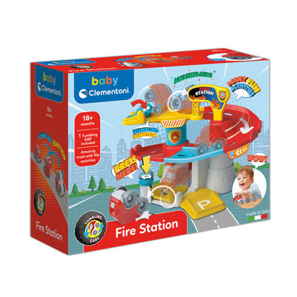 Garaje Clementoni de estación de bomberos con pista y coche Tumbling Cars