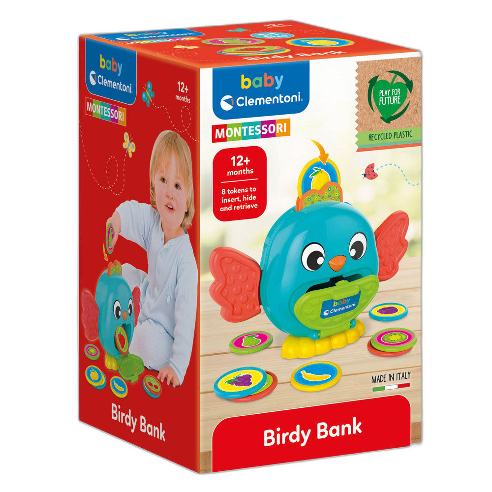 Hucha Pajarito Montessori Clementoni con fichas de colores