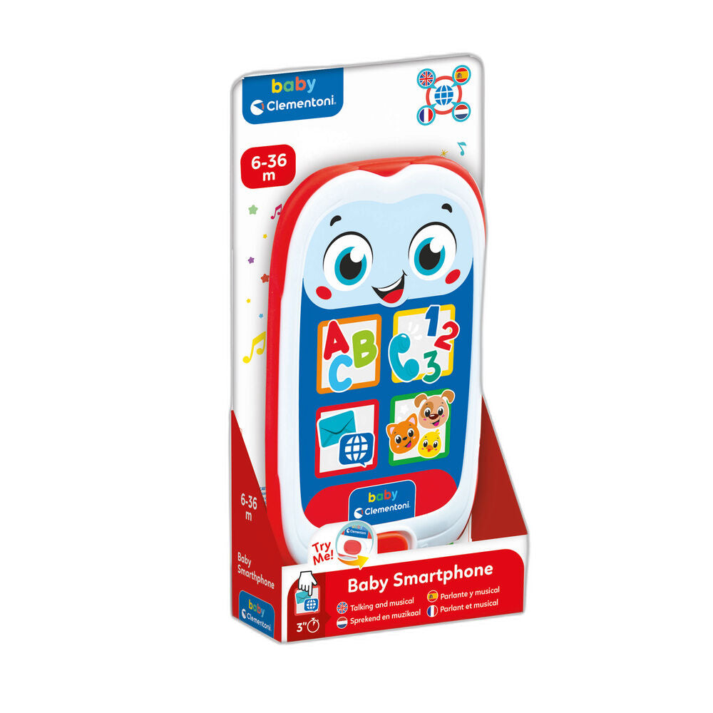 Baby Smartphone Clementoni rojo y blanco con letras, números y animales