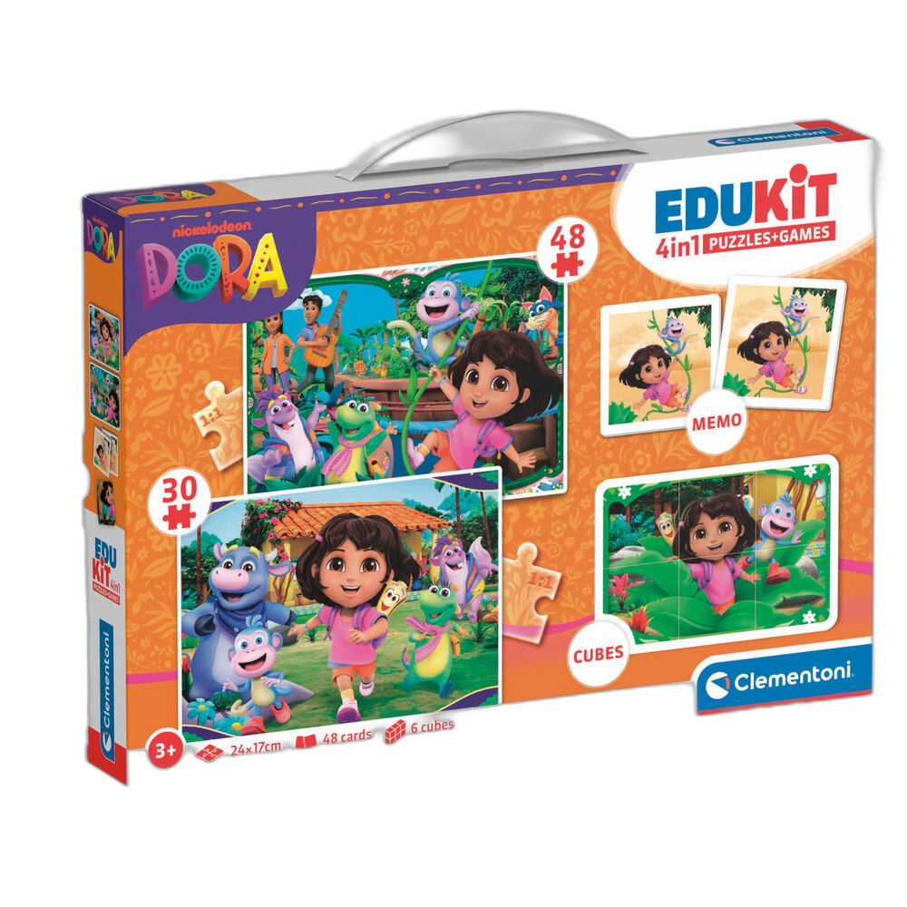 Edukit 4 en 1 de Dora la Exploradora Clementoni con puzzles, memo y cubos