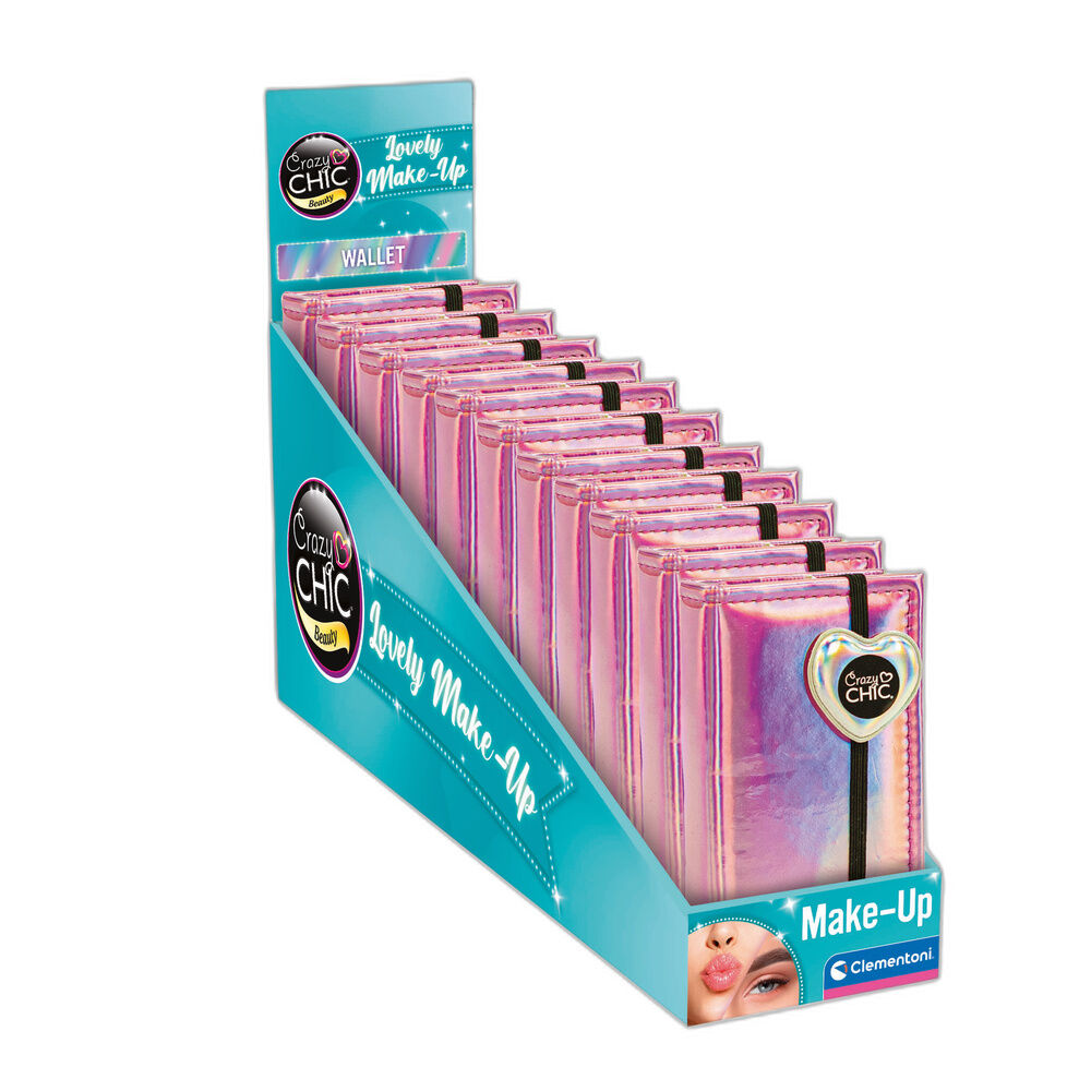 Monedero rosa iridiscente Crazy Chic con kit de maquillaje
