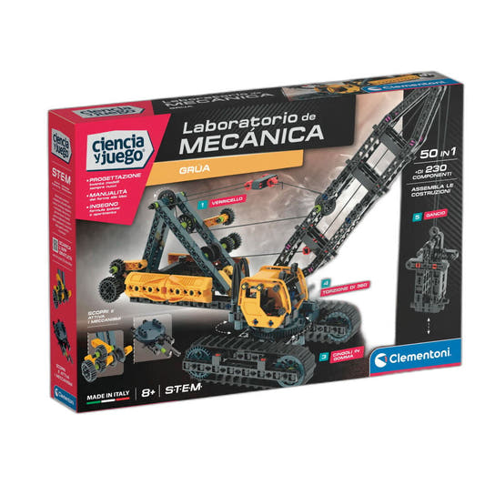 Kit Clementoni Mechanics para construir una grúa sobre orugas amarilla y negra