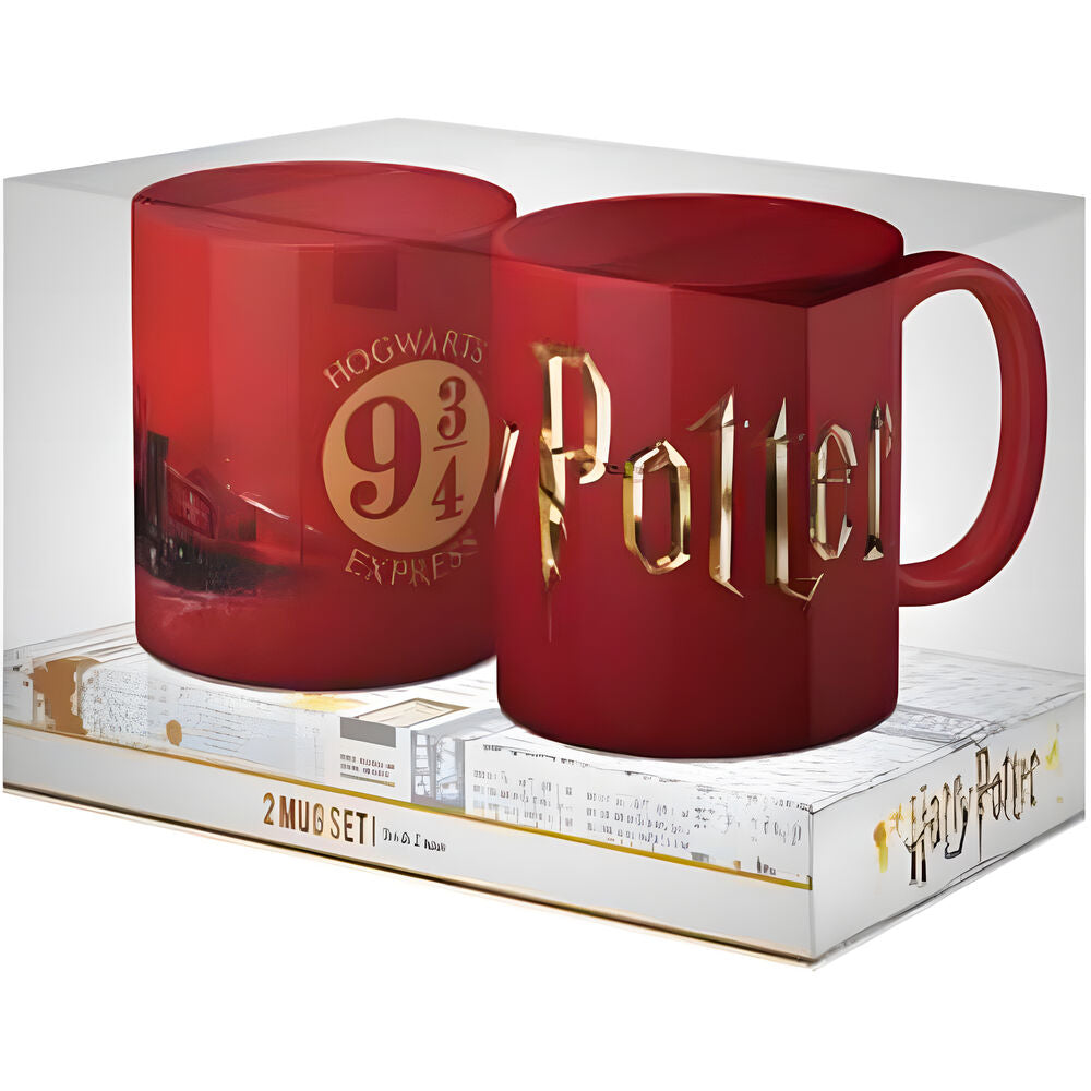 Set de cuatro tazas rojas de Harry Potter con diseños de Hogwarts y Hogwarts Express - 2