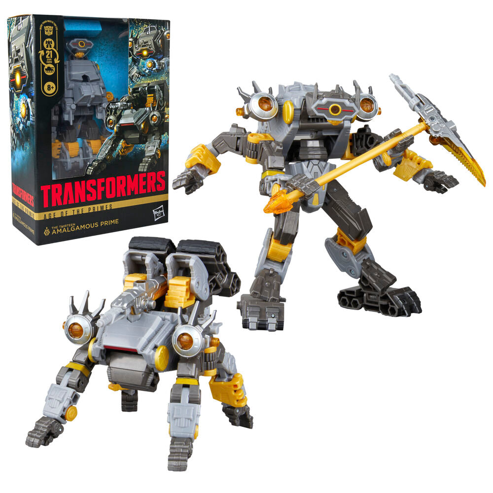 Figura articulada Transformers Amalgamous Prime en gris, negro y amarillo