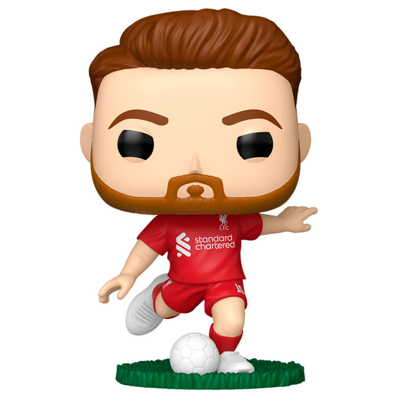 Figura Funko POP de Alexis Mac Allister con uniforme rojo del Liverpool y balón