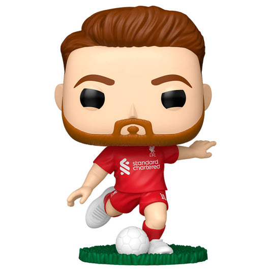 Figura Funko POP de Alexis Mac Allister con uniforme rojo del Liverpool y balón
