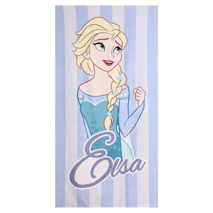 Toalla Frozen Disney de microfibra con Elsa sobre fondo azul y blanco