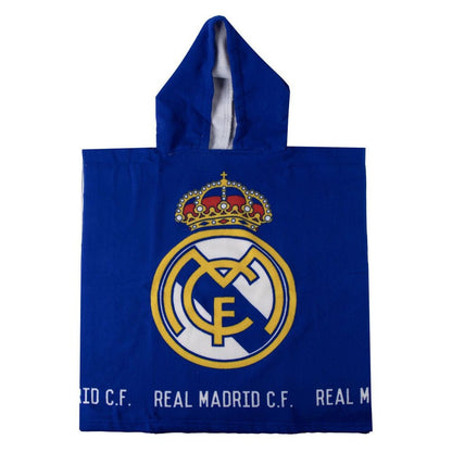 Poncho toalla azul del Real Madrid con capucha y escudo frontal