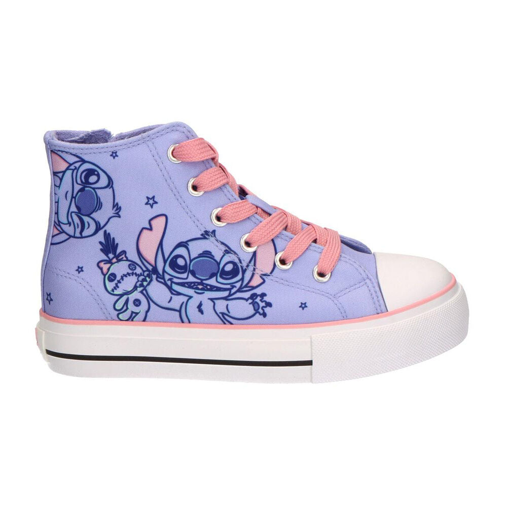 Zapatilla alta de loneta lavanda Stitch Disney con cordones rosas