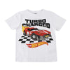 Camiseta blanca infantil Hot Wheels con coche de carreras rojo