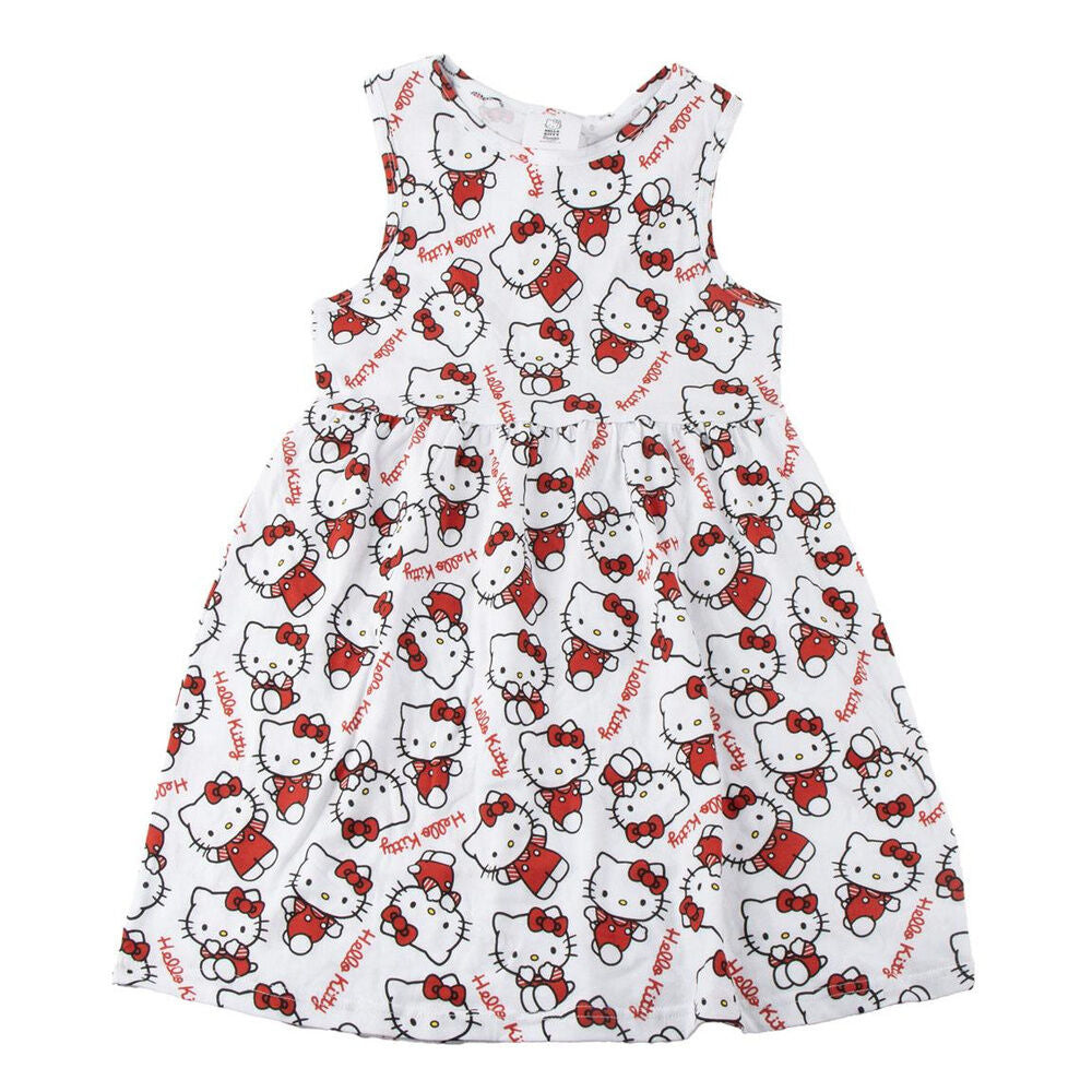 Vestido infantil blanco de Hello Kitty con estampado rojo y negro