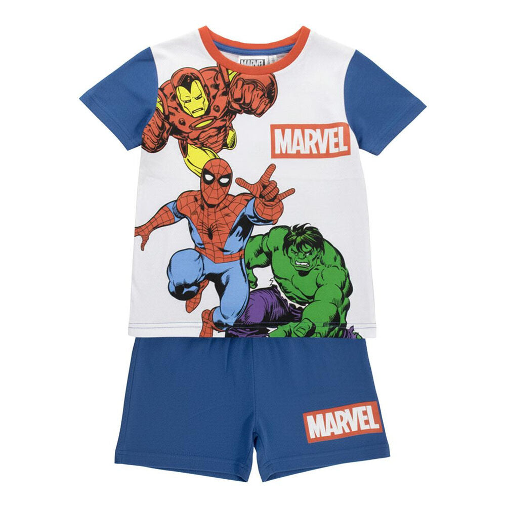 Pijama corto Marvel infantil azul con Spider-Man, Iron Man y Hulk