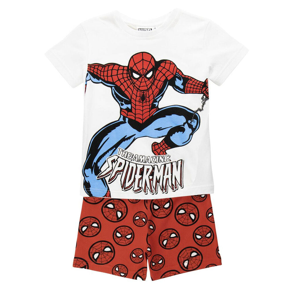 Pijama corto infantil de Spider-Man Marvel con camiseta blanca y pantalón rojo