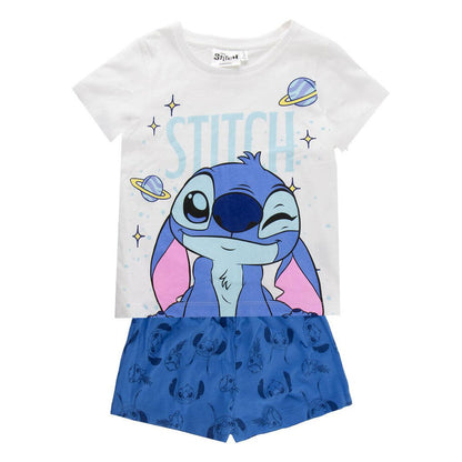 Pijama infantil Stitch Disney de camiseta blanca y pantalón corto azul