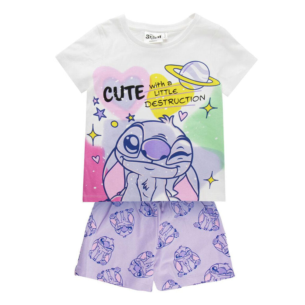 Pijama corto infantil Stitch Disney con camiseta estampada y pantalón lila