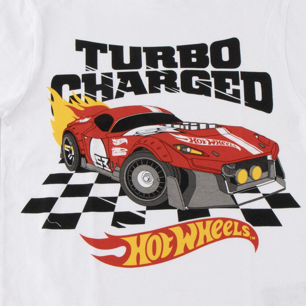 Camiseta blanca infantil Hot Wheels con coche de carreras rojo - 3
