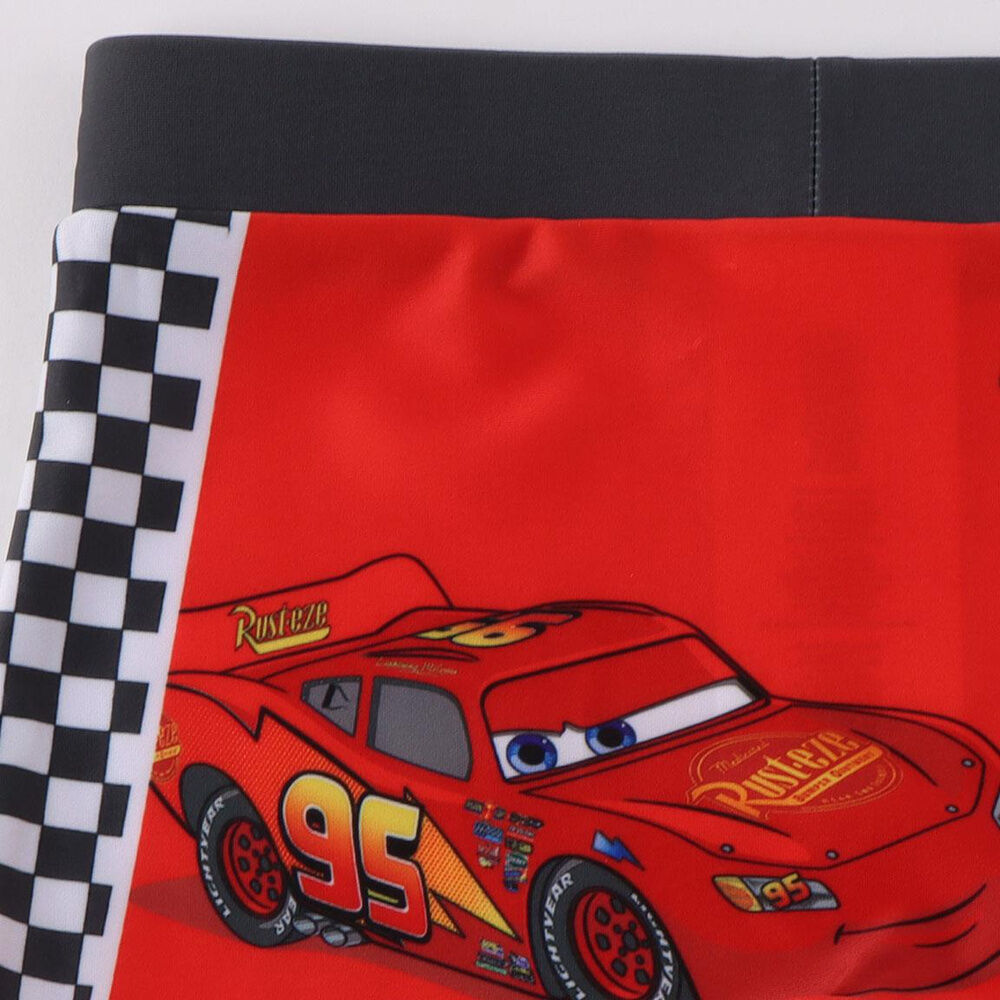 Bañador boxer infantil rojo de Cars con Rayo McQueen y laterales de cuadros - 4
