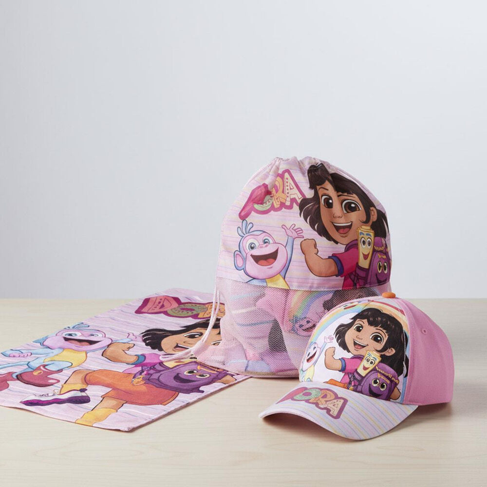 Set Dora la Exploradora con toalla rosa, gorra y saco - 5