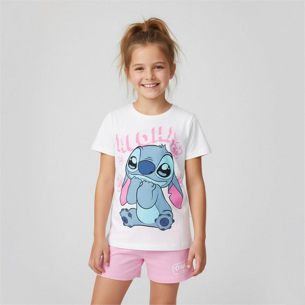 Conjunto infantil de Stitch Disney con camiseta blanca y pantalón corto rosa - 5
