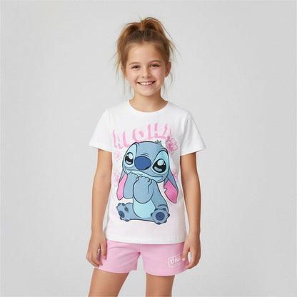 Conjunto infantil de Stitch Disney con camiseta blanca y pantalón corto rosa - 5