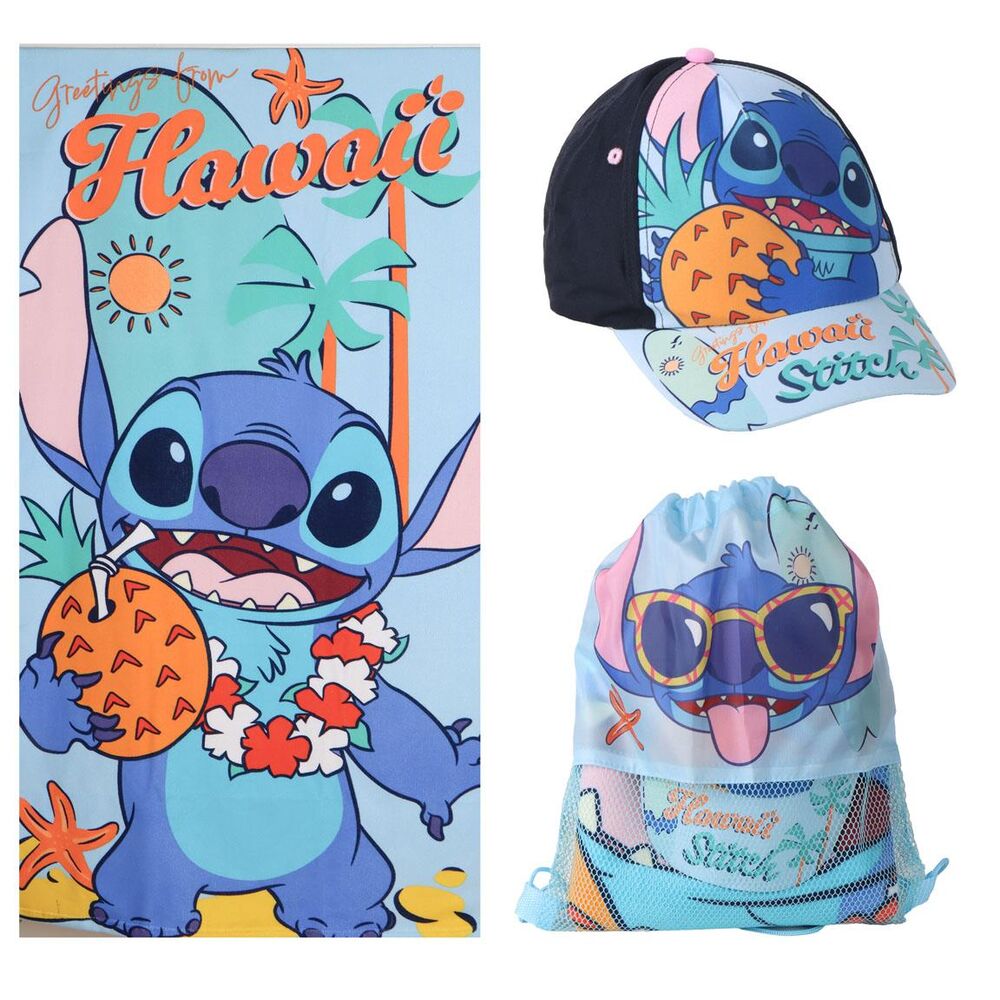 Set Stitch Disney con toalla hawaiana, gorra y saco