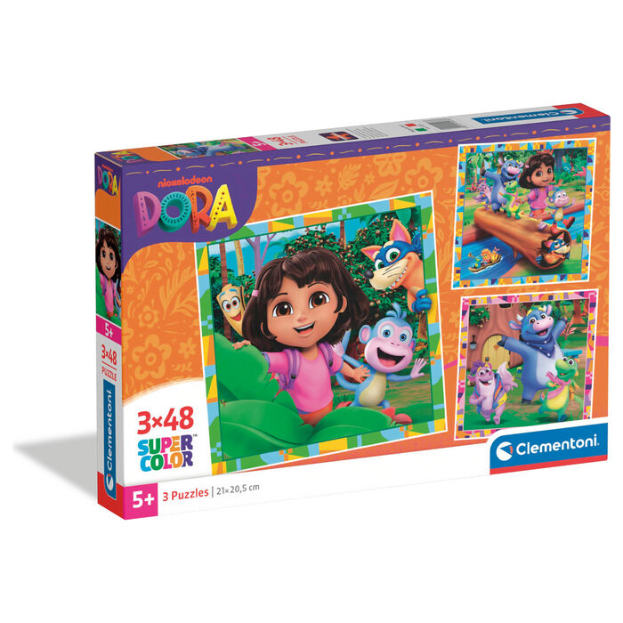 Caja del puzzle Clementoni Dora la Exploradora de 3 puzzles de 48 piezas