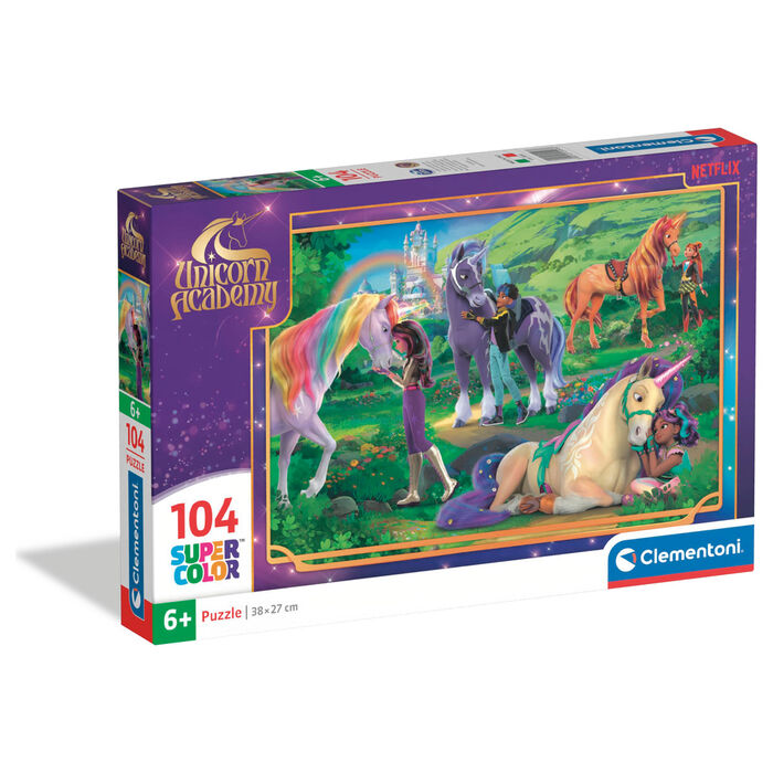 Puzzle Clementoni de Academia de Unicornios de 104 piezas con unicornios y personajes