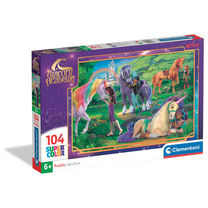 Puzzle Clementoni de Academia de Unicornios de 104 piezas con unicornios y personajes