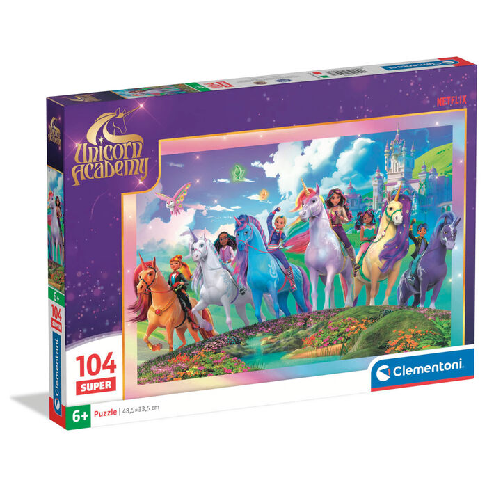 Puzzle Clementoni Academia de Unicornios de 104 piezas con unicornios y personajes