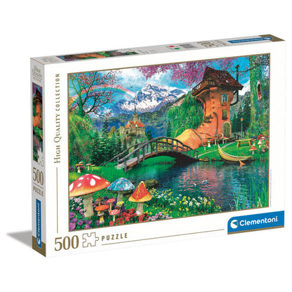 Puzzle Clementoni de 500 piezas con casa junto a un lago y montañas