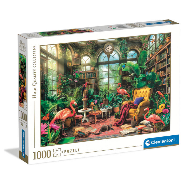 Puzzle Clementoni de 1000 piezas con biblioteca, plantas y flamencos