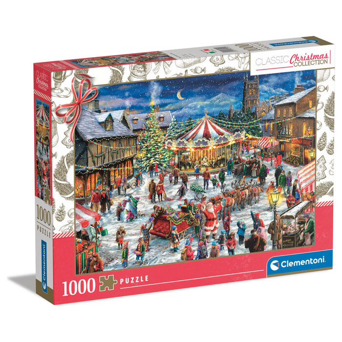 Puzzle Clementoni de una feria navideña nevada con tiovivo y árbol iluminado