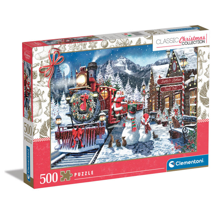 Puzzle Clementoni de 500 piezas con tren navideño en una estación nevada