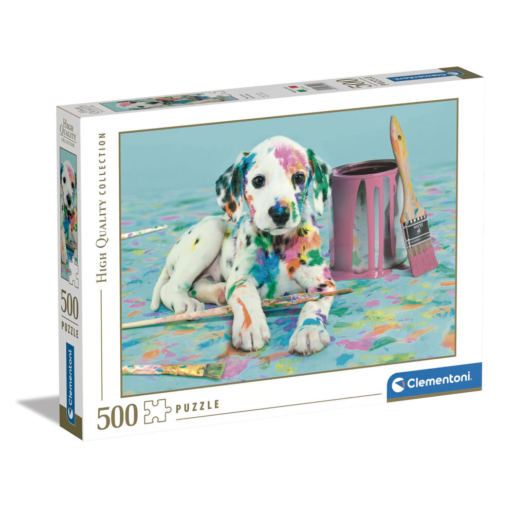 Puzzle Clementoni de 500 piezas con cachorro dálmata entre pinceles y pinturas