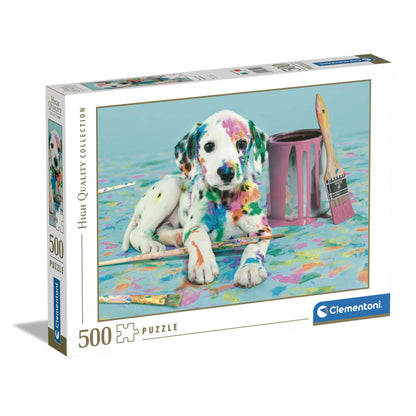 Puzzle Clementoni de 500 piezas con cachorro dálmata entre pinceles y pinturas