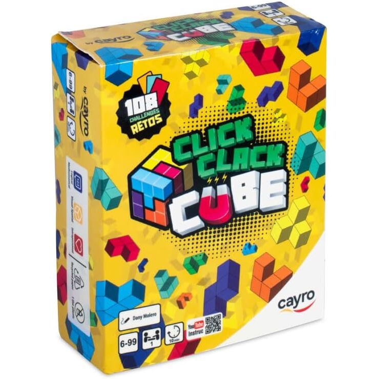 Caja del juego CAYRO Click Clack Cube con 7 piezas y 108 retos