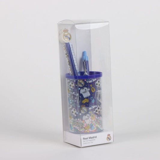 Set de papelería Real Madrid con portalápices decorado