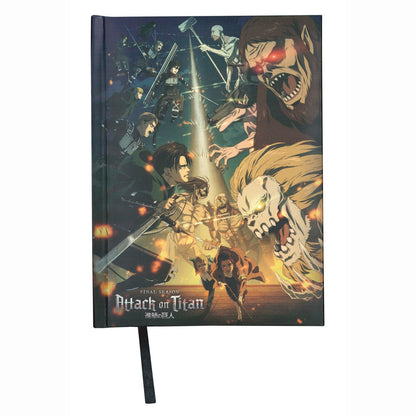 Cuaderno con luz de Attack on Titan Final Season con personajes y titanes