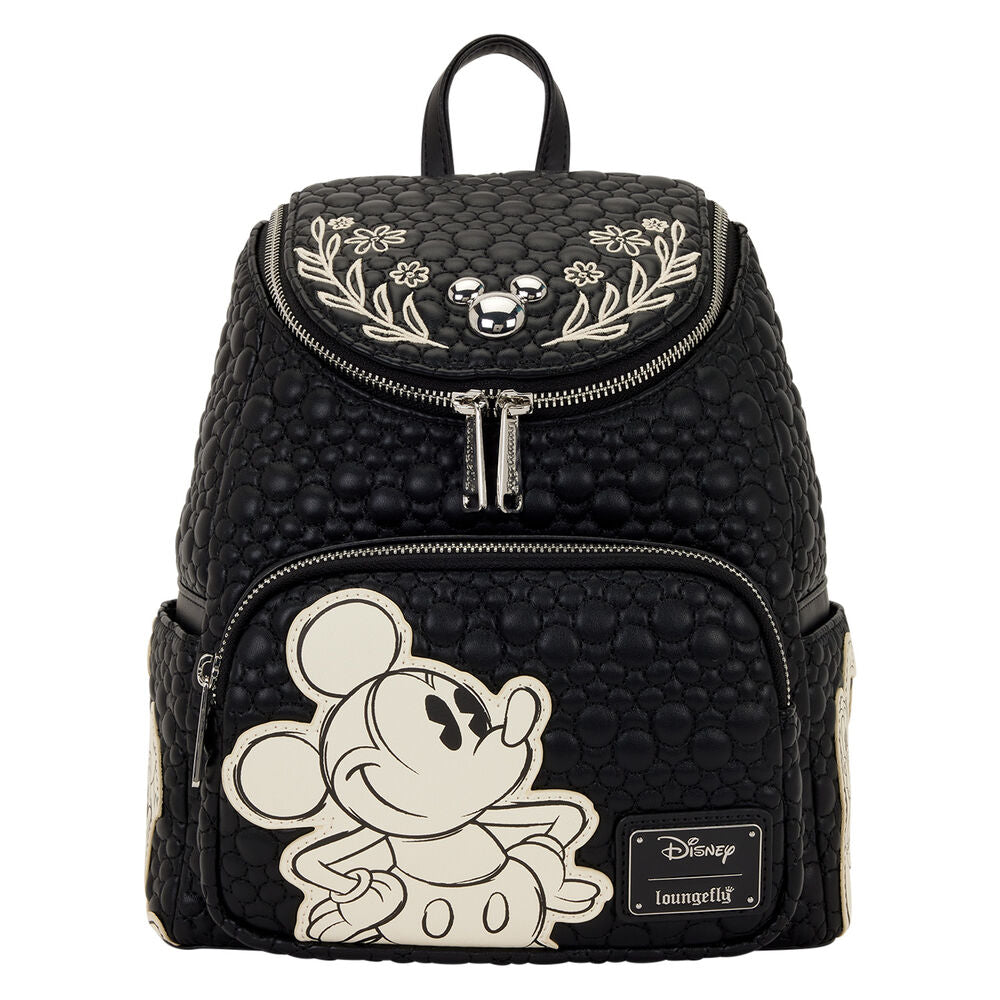 Mochila negra Loungefly de Mickey Disney con bordados florales