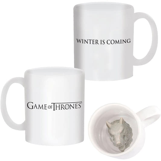 Taza blanca de Juego de Tronos con diseño Stark y relieve interior de lobo