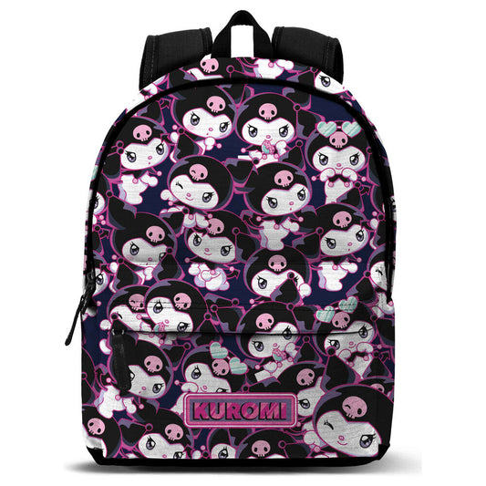 Mochila Kuromi Hello Kitty negra con estampado rosa y bolsillo frontal
