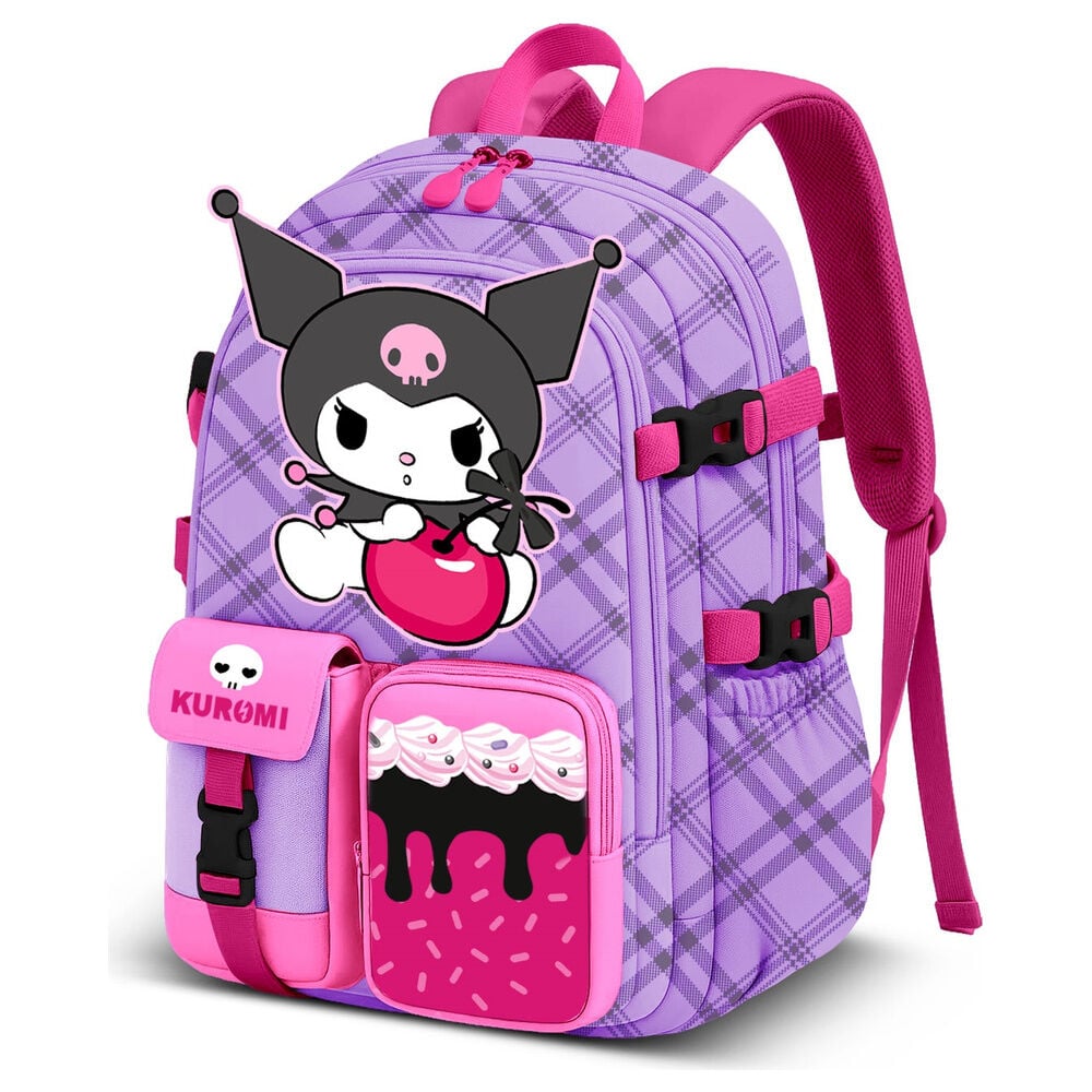 Mochila lila y rosa de Kuromi con estampado de cuadros
