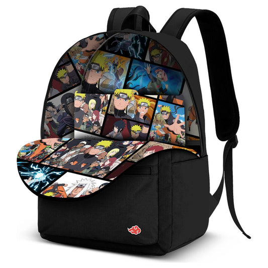 Mochila negra Naruto Shippuden con estampado de personajes y bolsillo frontal