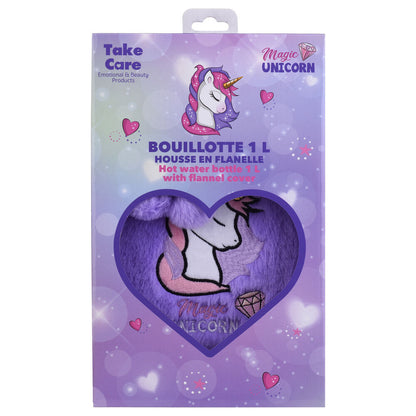 Bolsa de agua caliente TAKE CARE de unicornio con funda morada de franela