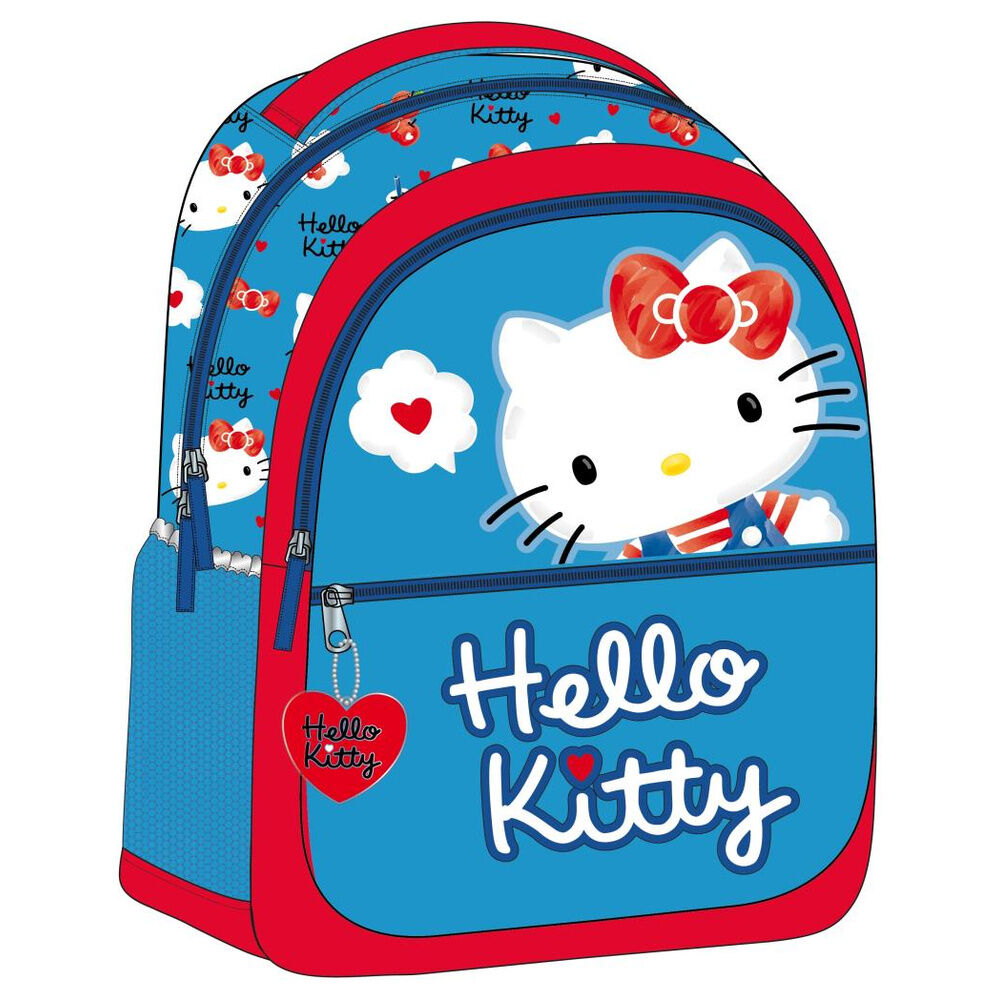 Mochila escolar azul y roja de Hello Kitty con bolsillo frontal