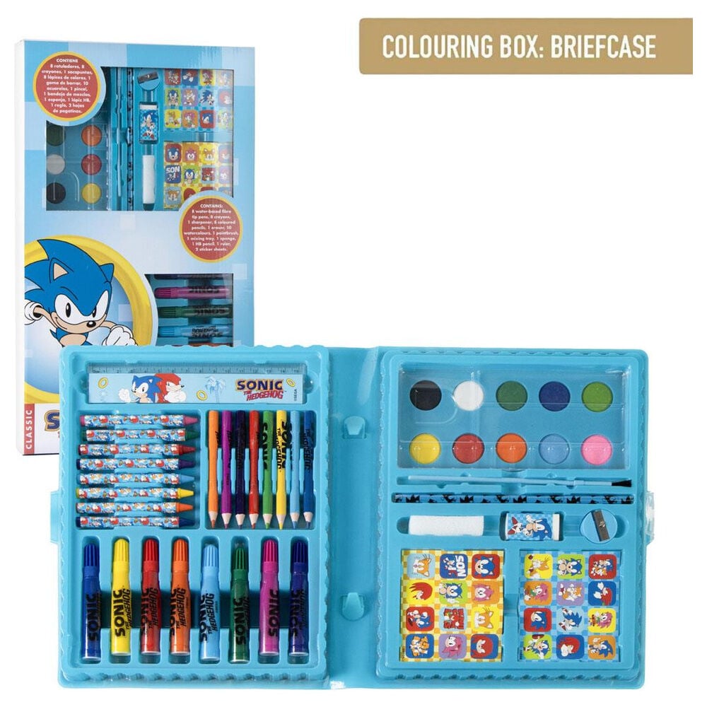 Estuche coloreable Sonic the Hedgehog abierto con materiales de papelería